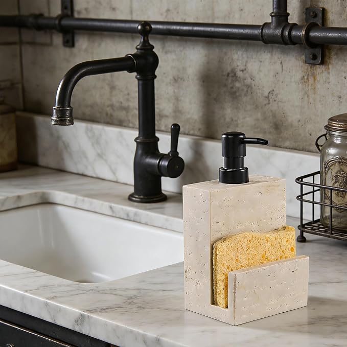 Beige Travertine Soap Dispenser with Sponge Holder – Marble Look Hand & Dish Resin Soap Pump Bottle for Kitchen & Bathroom, 2-in-1 Countertop Organizer, with 2 Natural Sponges (Luxury Home Decor)