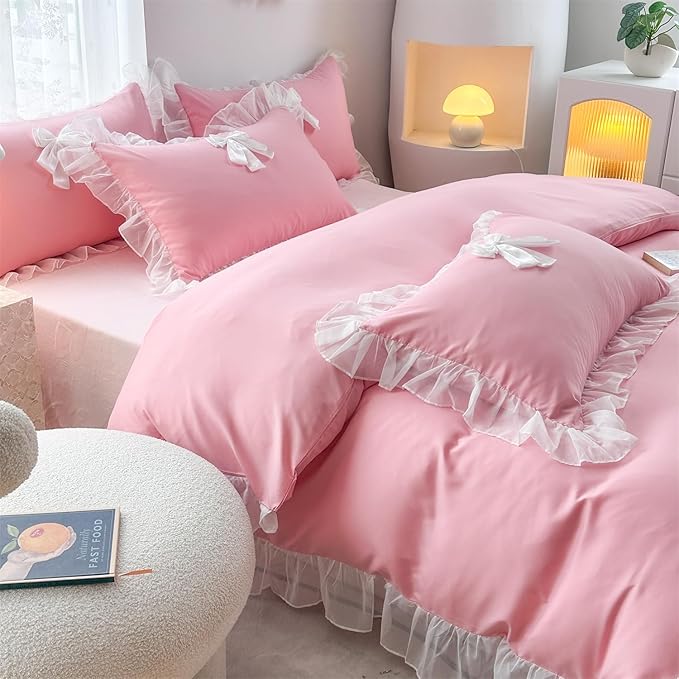 Girls Lace Bedding,Twin Comforter Cover Set, Chic Ruffled Duvet Cover with Lovely Bow,Princess Style 1 Duvet Cover with 1 Pillowcases, No Comforter-Bright Pink,Twin Size
