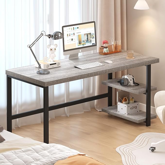 FOLUBAN 60 Inch Computer Desk, Modern Large Home Office Desk with Storage Shelves, Wood and Metal Writing Table Study Gaming Desk Workstation for Living Room, Industrial Light Grey