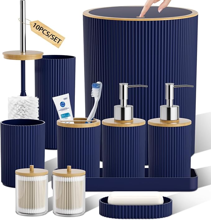 10PC Bathroom Accessories Set - Navy Blue and Wooden Bathroom Sets, Bathroom Accessory Set with Pop Up Trash Can, Toilet Brush, Trash Can, Qtip Holder & Soap Dispenser