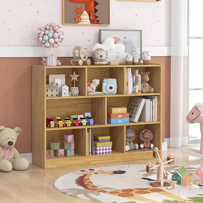 KOTEK Toy Storage Organizer, 8 Cubby Kids Bookshelf, Wooden 4-Tier Bookcase Storage Cabinet, Open Display Book Shelf for Daycare, Nursery, School Classroom, Living Room & Bedroom (Burlywood, 8 Cubes)