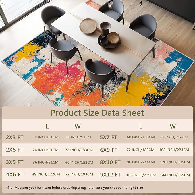 9x12 Colorful Area Rug Modern Abstract Beige Orange Yellow Pink Blue Black White Grey Rug Bedroom Low Pile Thin Large Carpet Living Room Non Slip Dining Room Stain Resistant Office Washable Machine