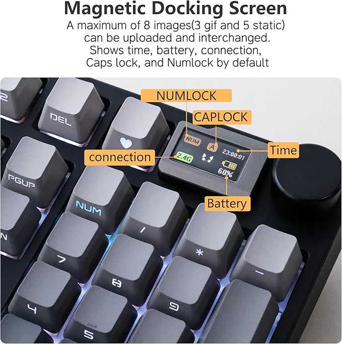 NJ98 Wireless Custom Mechanical Keyboard with Screen Knob 96% Hot Swappable RGB Keyboard Mac Windows (Dark, Steel Plate - Box Taro Ice Cream Pro)