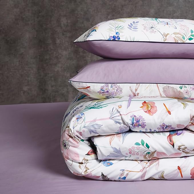 mixinni Queen Size Duvet Cover Purple Flowers Bird Bedding Sets Shabby Chic Boho Long-Staple Cotton Duvet Cover Set with Zipper Ties 1 Duvet Cover+2 Pillowcases, Ultra Soft, Breathable-Queen Size