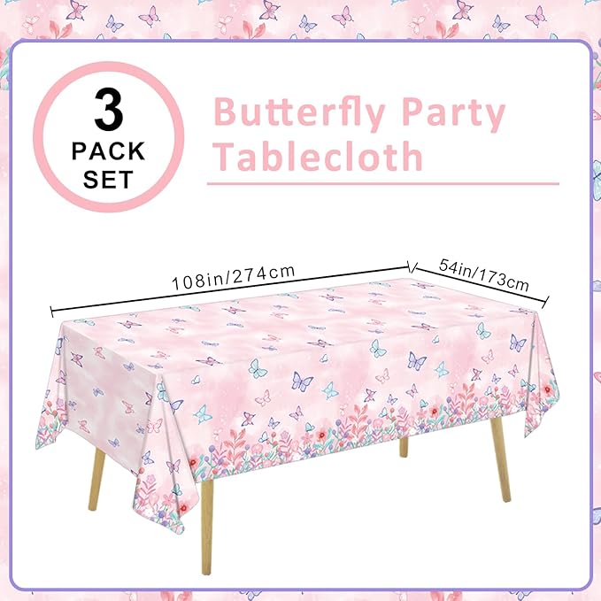 3 Pack Butterfly Tablecloth Disposable Plastic Table Covers for Girls Kids Birthday Party Decorations, 108 x 54 Inch