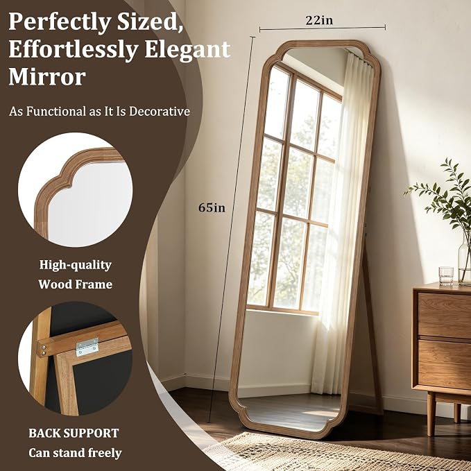 WallBeyond Farmhouse Full Length Mirror with Stand 22x65 Inch, Wooden Frame Floor Mirror,for Bedroom, Entryway, Living Room(Natural)