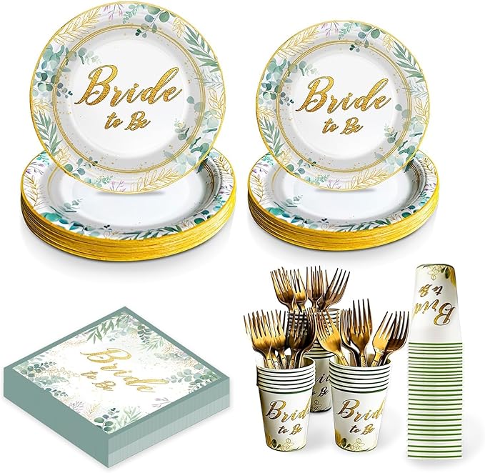 Sage Green Bridal Shower Plates and Napkins Kit, Bride to Be Eucalyptus Bachelorette Party Decorations Supplies for Bridal Shower Party Birthday Sage Green Favors Party Decor Service 24 Guests