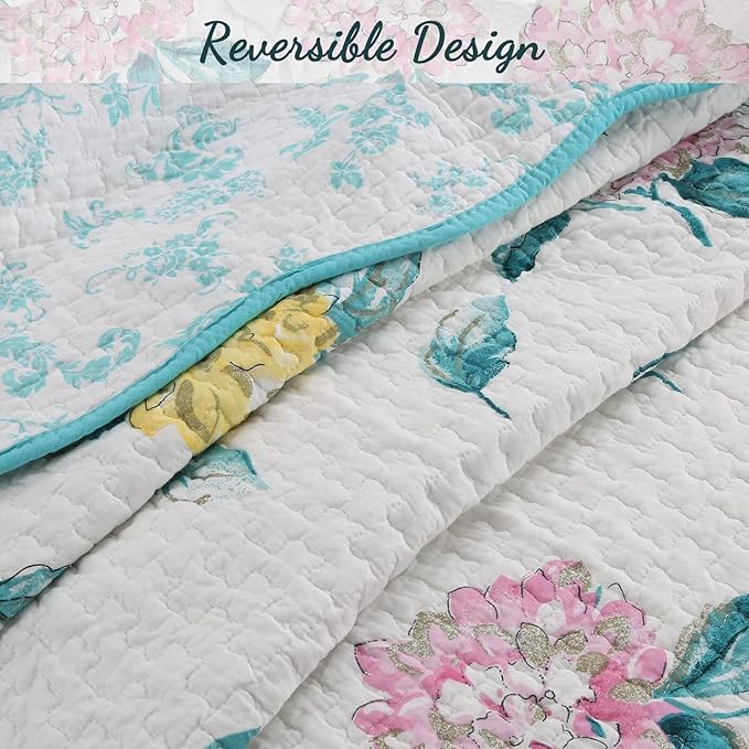 Cozy Line Home Fashions Turquoise Blue Floral Hydrangea Garden Leaf 100% Cotton Reversible Quilt Bedding Set, Coverlet, Bedspread (Valencia Bloom, King - 3 Piece)