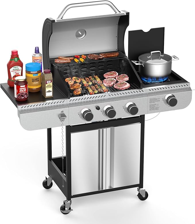 3-Burner Propane Gas Grill with Side Burner,Stainless Steel BBQ Grill with Porcelain-Enameled Cast Iron Grates,37000 BTU Barbecue Grill, Suitable for Patio,Camping,Outdoor Cooking