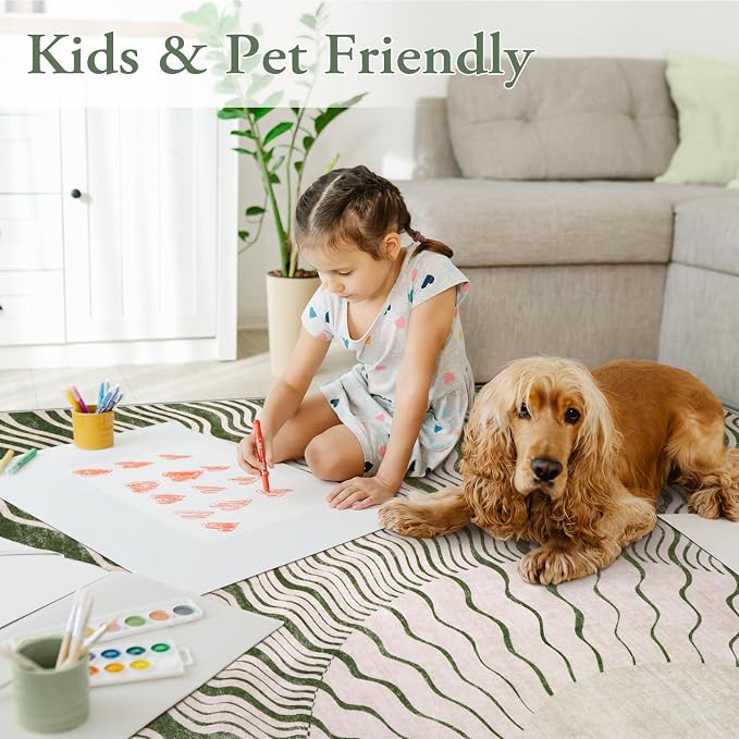 Hedlive Boho Washable Rugs 5x7, Sun Print Soft Green Rug for Bedroom Ultra-Thin Nursery Rug Non Slip, Stain Resistant Living Room Carpet for Dining Room Classroom(5'x 7',Green/Multi)
