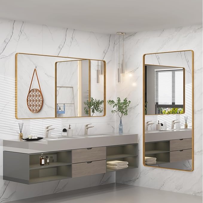 60x36 Gold Bathroom Mirror, Brushed Metal Frame Gold Vanity Mirror, Large Rectangle Mirror for Wall, Rounded Corner, Shatterproof, Anti-Rust (Horizontal/Vertical)