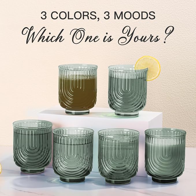 JOVGANK Green Vintage Glassware Set of 6-14Oz Green Water Drinking Glass, Art Deco Ripple Highball Glass, Whiskey Cocktail Glasses, for Bar Ice Coffee Juice, Housewarming Gifts and Mother's Day Gift