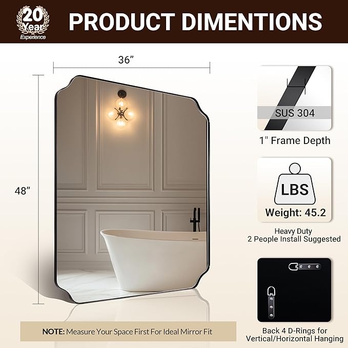 ANDY STAR 36x48 Inch Large Mirror, Matte Black Rectangle Mirror for Wall, Bathroom Mirror in Premium Stainless Steel Metal Thin Frame Deep 1’’, Unique Rounded Scalloped Edge, Vertically/Horizontally