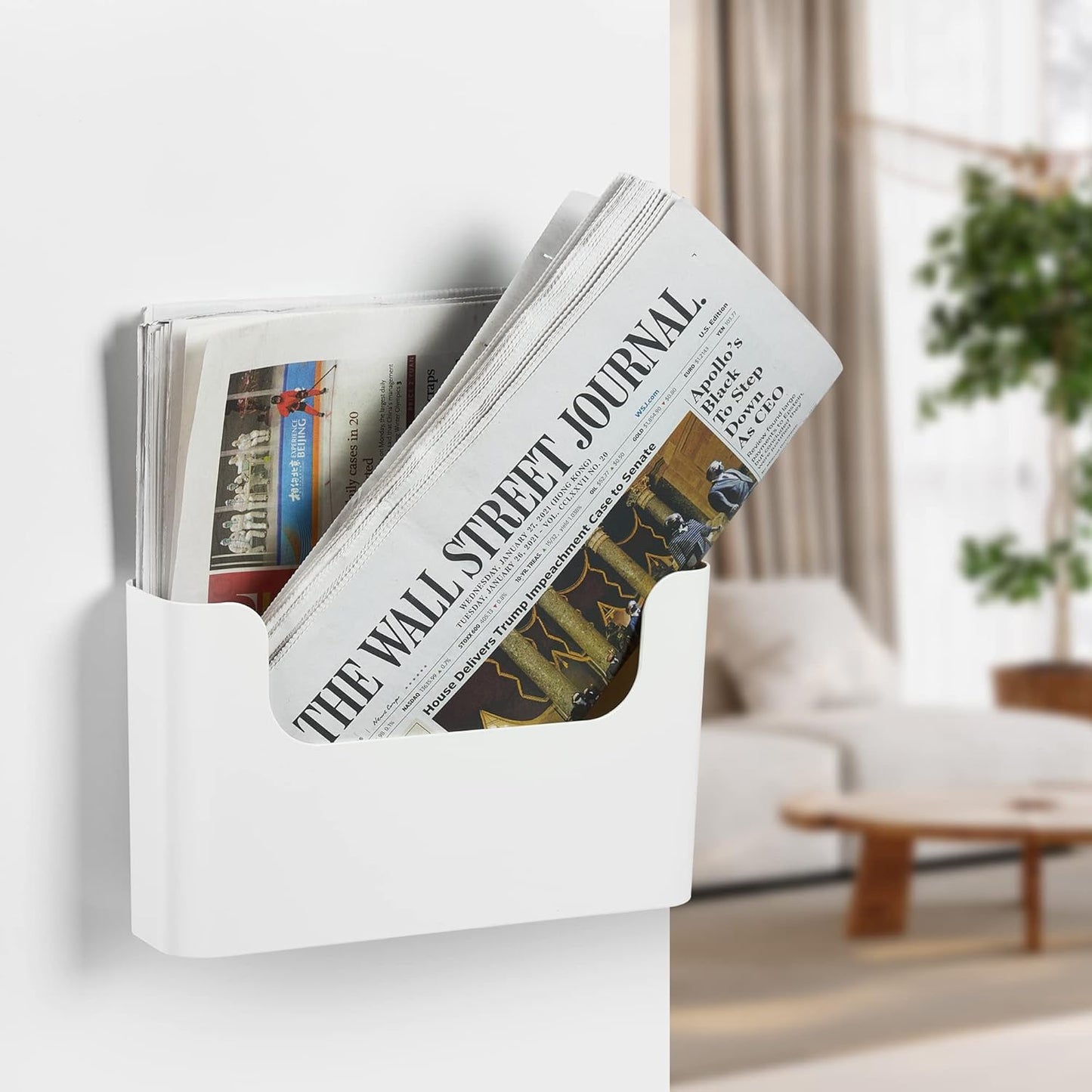 YOHOM Wall-Mounted File Holder - No Drilling Adhesive Organizer for Mails & Magazines | White, Single Pocket