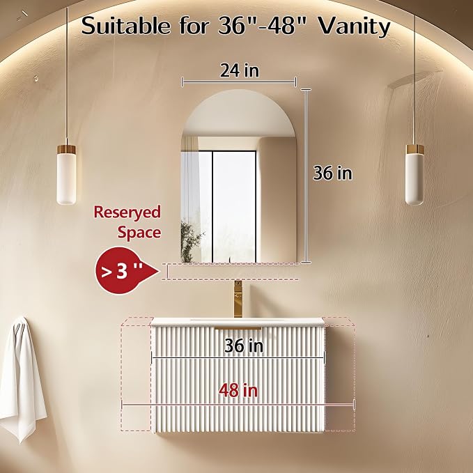 Niccy Arched Mirror, 24"x36" Arch Bathroom Mirror, Decorative Modern Mirrors for Bathroom, Bedroom, Living Room, Entryway, Frameless Vanity Mirror, Unique Wall Mounted