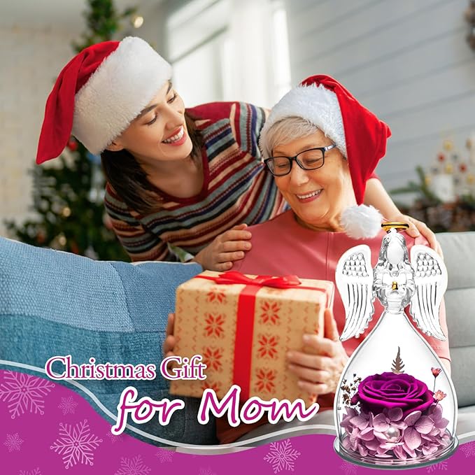 Christmas Women Gifts for Mom Birthday Gifts for Mom,Angel Birthday Gifts for Women Preserved Flower Rose in Glass Angel Figurines with Necklace, Purple Flower Gifts for Grandma Mother Sister Wife Her