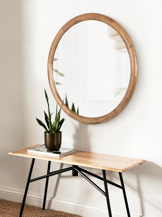 Kate and Laurel Dessa Transitional Round Wooden Wall Mirror; 32 Inch Diameter; Natural Rustic; Modern Circle Bathroom Vanity Mirror with Chunky Rounded Profile and Solid Poplar Wood Frame
