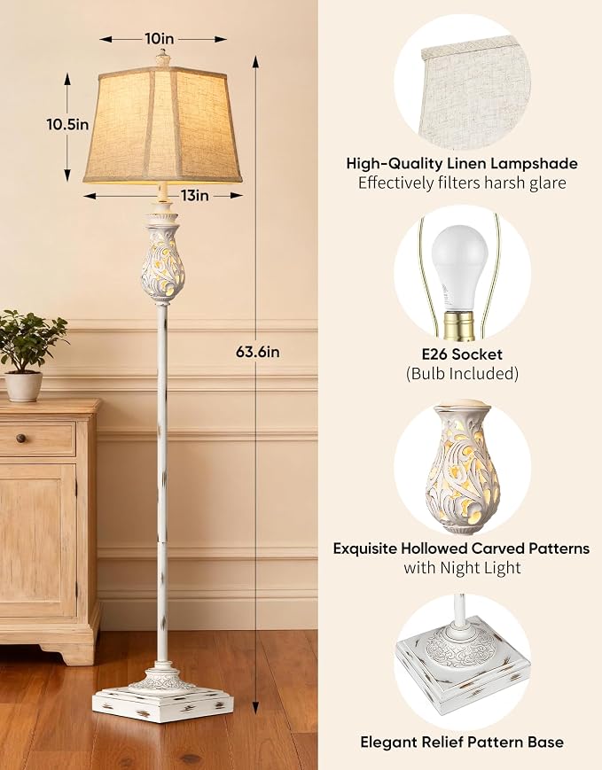 PARTPHONER 64'' Vintage Floor Lamp with Nightlight, Rustic Farmhouse Tall Standing Lamp with Rotary Switch and Beige Linen Shade for Living Room, Corner, Bedroom, House Decor, White (Bulb Included)