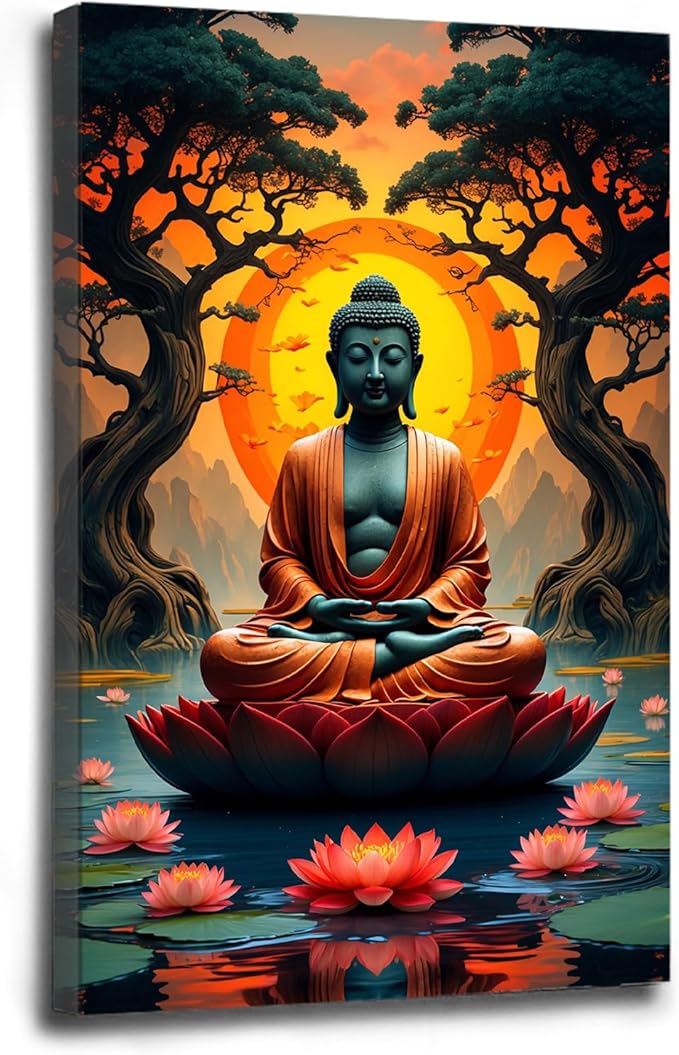 Canvas wall art Golden Buddha on lotus at sunset Ancient trees with reflections on water Serene meditation scene Uplifting wall art for mindfulness and tranquil home decor 28x40in Wood Framed