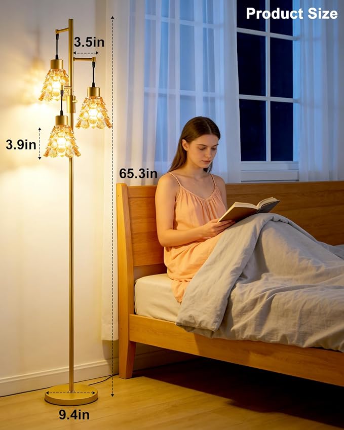 Lightdot 67" Glass Floor Lamps for Living Room, 3-Light Dimmable Floor Lamp with Amber Glass Shade& Bulbs Included, Mid Century Standing Tall Lamp with 5Lbs Heavy Base for Bedroom/Sofa Beside-Gold