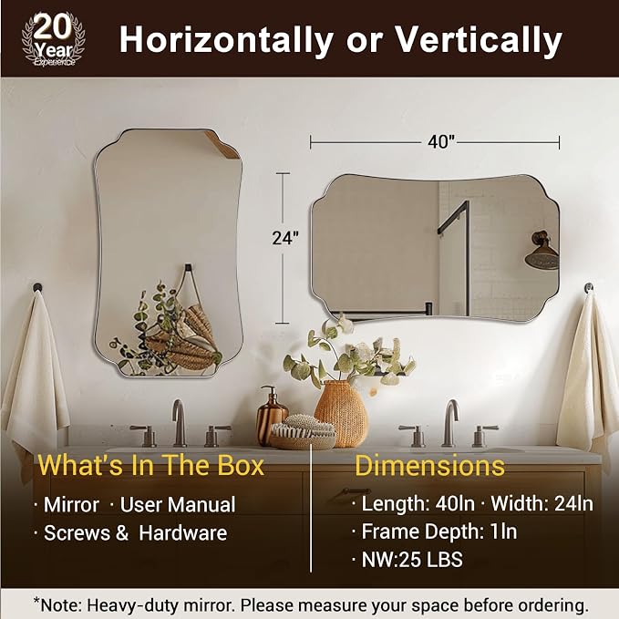 ANDY STAR 24"x40" Brushed Nickel Mirror, Scalloped Bathroom Wall Mirror in Anti-Rust Stainless Steel Metal Frame 1’’ Deep, Hangs Vertically/Horizontally