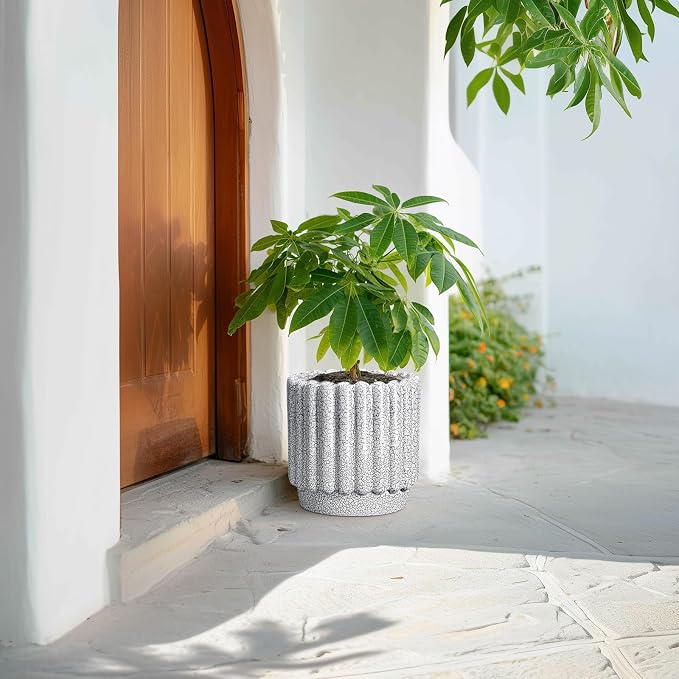 Ceramicfor Ceramic Flower Pot, 9.6 Inch, Black and White | Indoor Planter, Drainage Hole, Fluted Round Design, Large Planter Outdoor, Living Room Decor