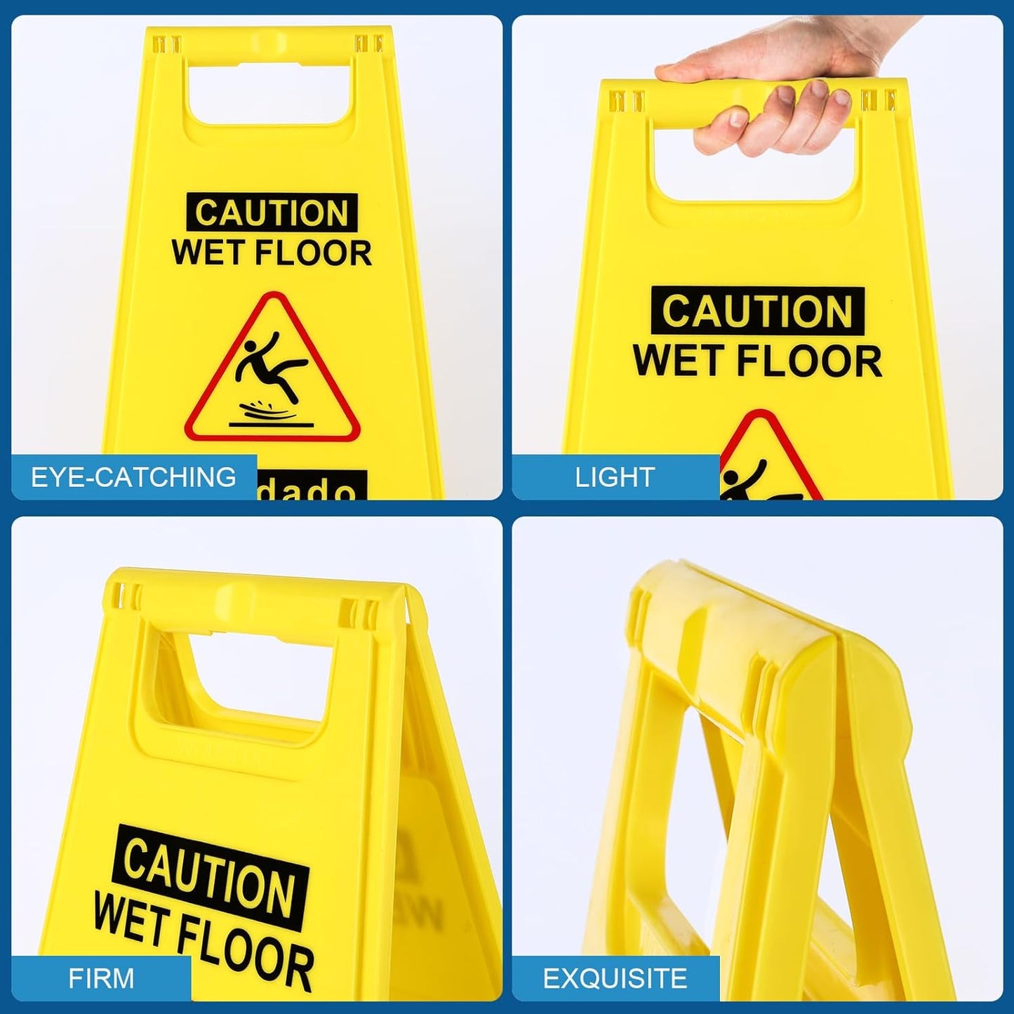 WOUSEDO Caution Wet Floor Sign - Bright Yellow Double-Sided A-Frame | 17.5" Height, Bilingual Message