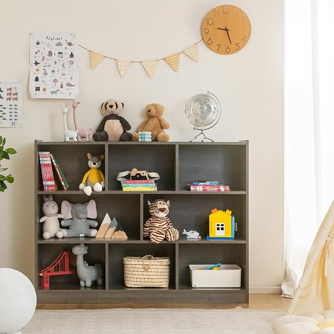 HONEY JOY Kids Storage Organizer, 8-Section Open Wooden Display Shelf for Classroom, Playroom, Nursery, Kindergarten, Dark Gray