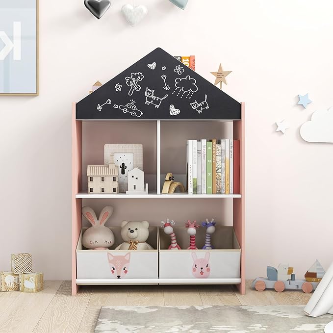 HONEY JOY Toy Storage Organizer, Wooden Dollhouse Bookcase w/Blackboard, Whiteboard, Storage Bins, Toddler Book Shelf, Children Toy Display Chest Cubby, Kids Bookshelf for Playroom Nursery (Pink)