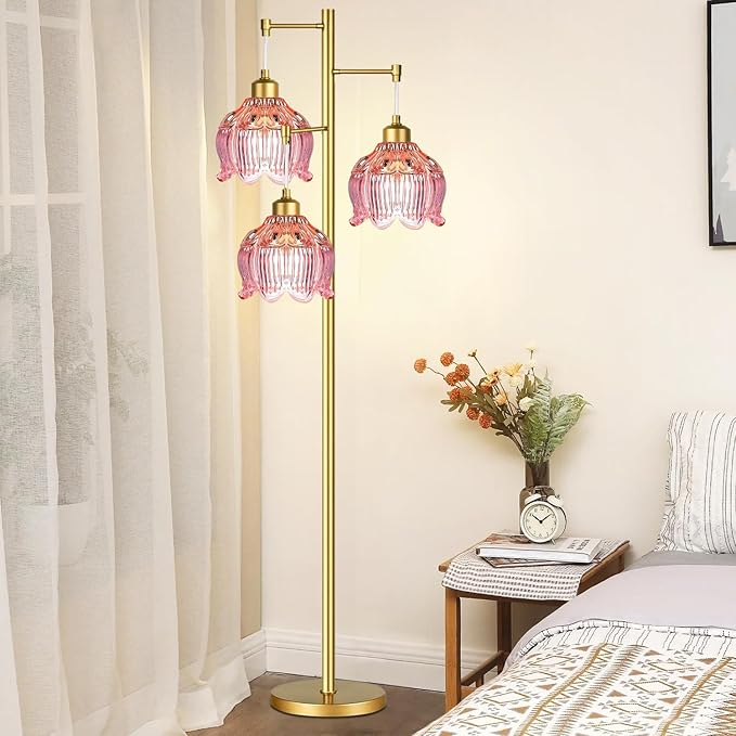 ILLMTW Glass Floor Lamp for Living Room,Bedroom,Gold Flower Mid Century Modern Standing Lamp Brass Tree 3 Light Tall Floor Lamps Vintage Floor Lights Pink Lamp Shade Farmhouse Boho Bohemian