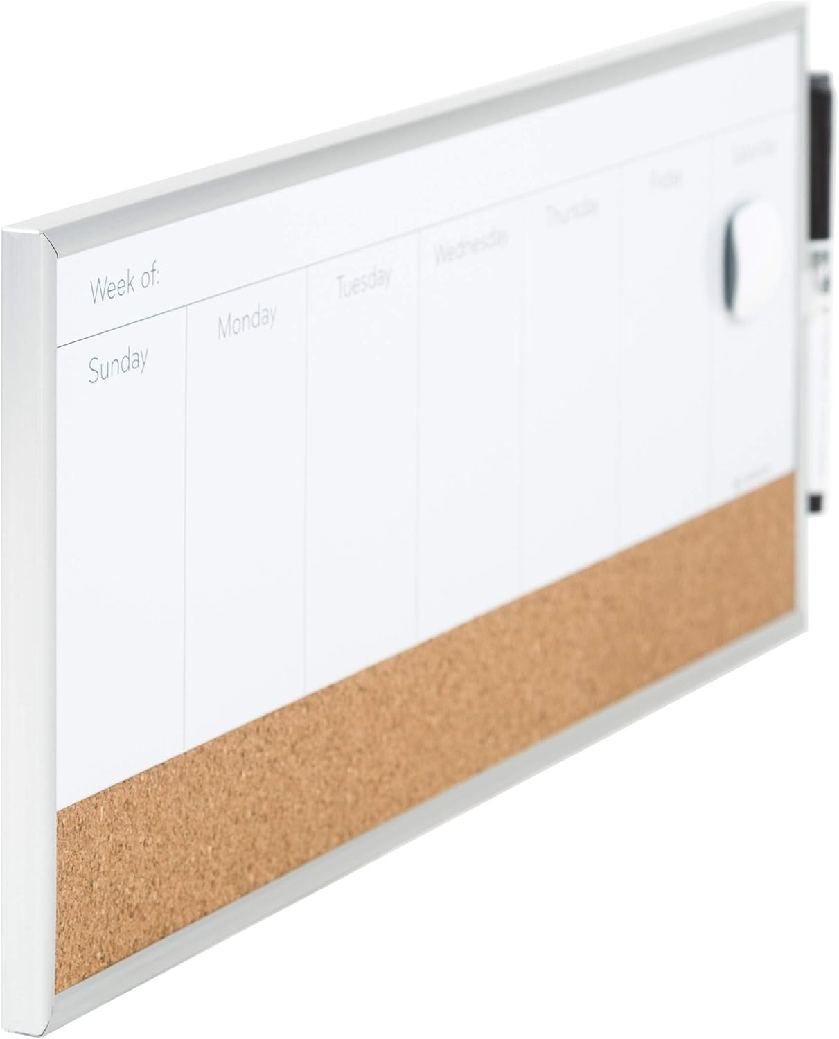 U Brands Magnetic Dry Erase Weekly Calendar | 18" x 7.5" with Cork Strip & Silver Frame