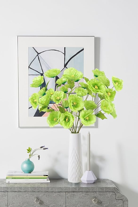 Poppies Flowers Artificial Silk Flowers 32in 6PCS Artificial Poppies Green Flowers for Wedding Home Party Table Centerpiece Arrangement Decoration (Green)