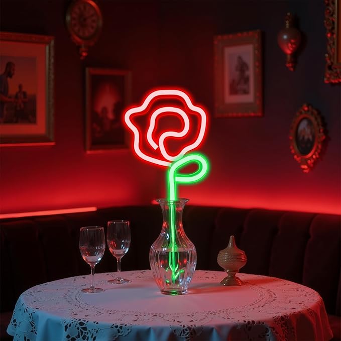 Rose Neon Sign - Red rose Flower with Green Stem Neon Art Wall Decor USB or 3-AA Battery Powered Operated for Girls Bedroom Birthday Gift Party Wedding Rose Lights for Bedroom (Red*2)