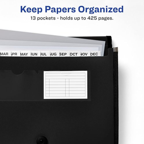 Avery Expanding File Folder Organizer - 13-Pocket Accordion Design | Black, Holds 425 Letter/A4 Sheets