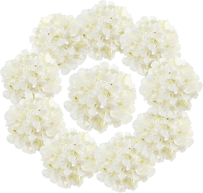 Fake White Hydrangea Artificial Flowers - Faux Silk Hydrangeas Flowers Heads with Stems Real Touch for Home Wedding Party Table Decor(CreamWhite,Pack of 10)