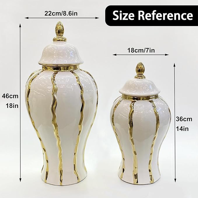 Ginger Jar, White Gold Ceramic Vase Large Handmade Porcelain Vases with Lid, White Gold Decorative Flower Vase for Home, Living Room, Weddings, Centerpieces (14in with Lid)