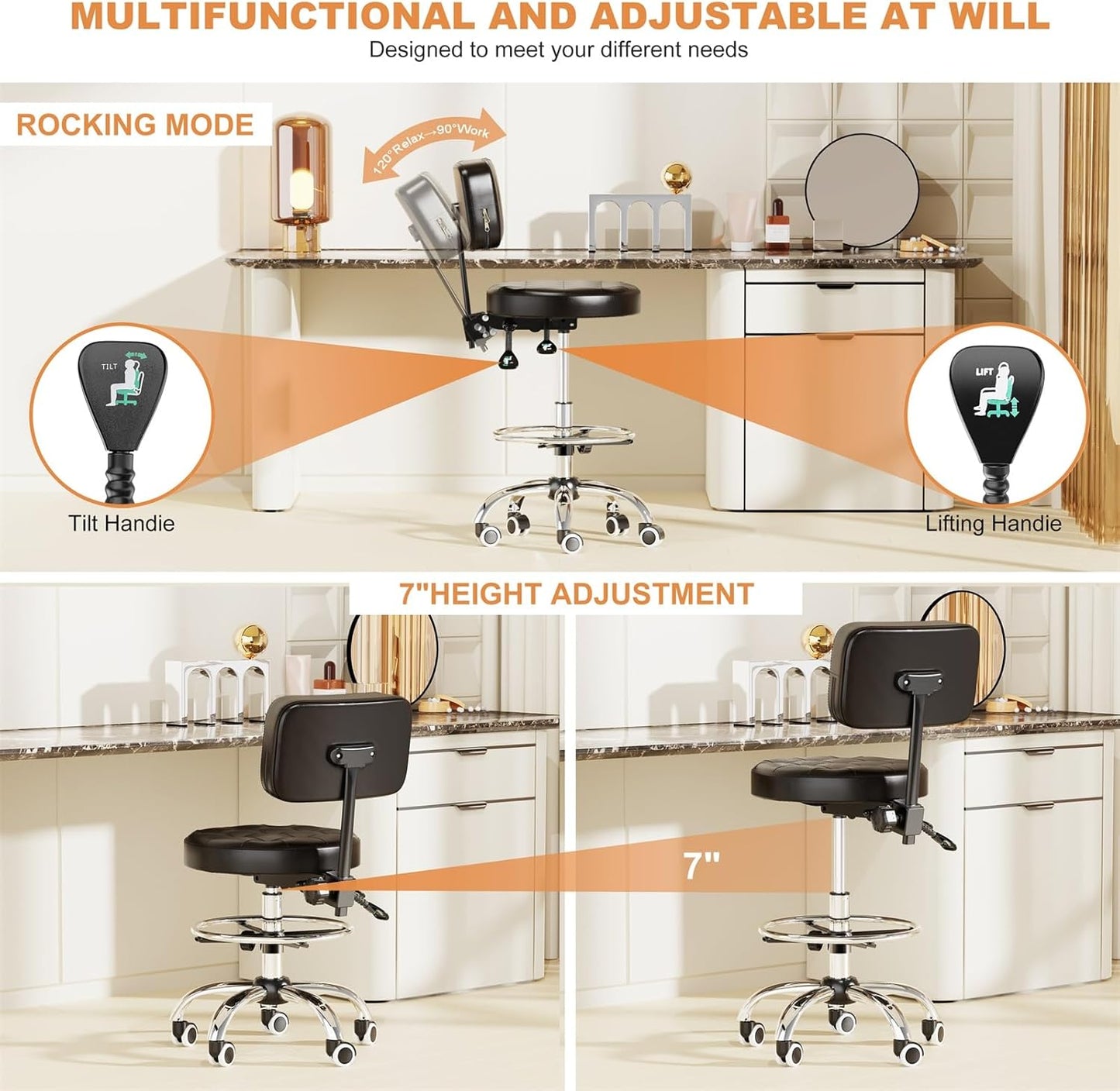 YJHome Rolling Stool - Adjustable Height Swivel Chair with Wheels | Heavy Duty 400lbs Capacity (Black)