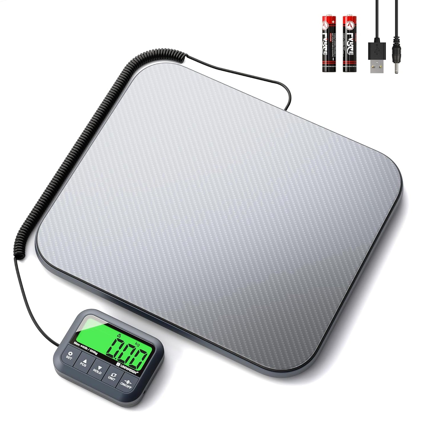 UNIWEIGH Digital Postal Scale - High Accuracy 440lb Shipping Scale with Hold/Tare/Count Features - Grey