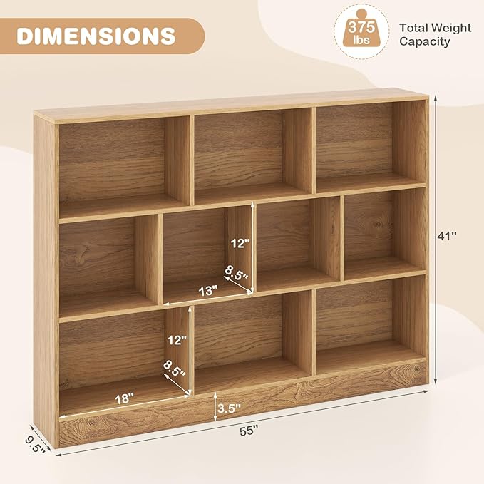 HONEY JOY Kids Toy Storage Organizer, 10-Section Wooden Floor Storage Cabinet, 41” Daycare Toy Chest, 3-Tier Kids Display Bookshelf for Classroom, Playroom & Nursery, Kindergarten (Natural)
