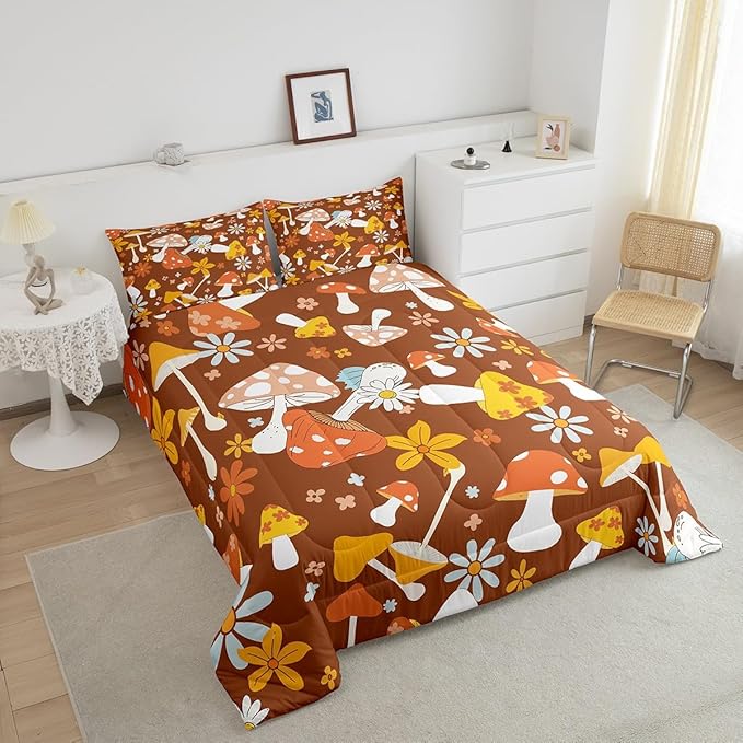 Castle Fairy 60s 70s Retro Hippie Comforter Set Full Size,Groovy Flowers Mushroom Print Bedding Comforters for Girls Teens,Boho Art Down Comforter with 2 Pillowcases,Chic