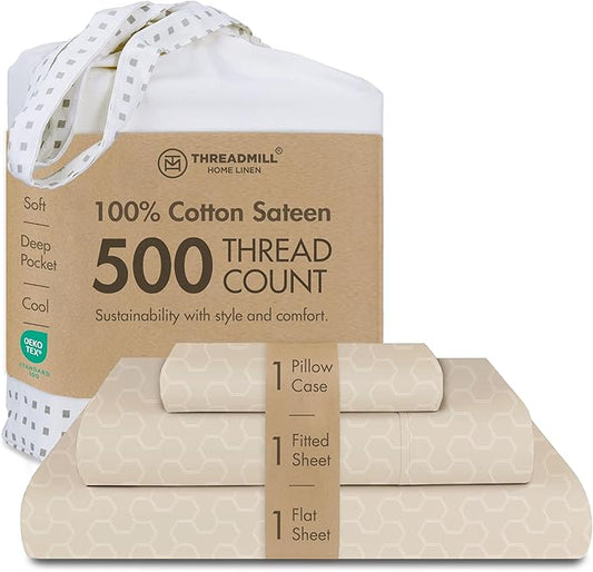 Threadmill Cotton Twin Sheet Set | 500TC 100% Cotton Twin Bed Sheets - Damask Jacquard Sateen, Soft Breathable 3-Piece Cooling Set - Beige