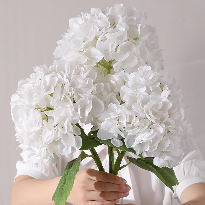 3Pcs Hydrangea Artificial Flowers, 22.44" Real Touch Latex Faux Hydrangea with Long Stems & Leaves for Home Office Decor or Wedding, Party, Centerpieces, Floral Arrangements (White)
