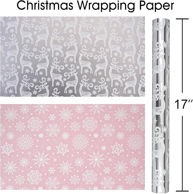 MAYPLUSS Christmas Wrapping Paper Roll - 17IN X 33FT - Santa Claus Gift Wrapping Paper Featuring Merry Christmas Snowflake Reversible HO for Kids, Holiday, New Year