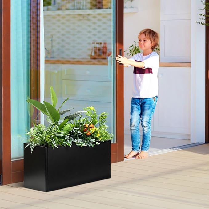 Metal Rectangular Planter Black Galvanized Steel Rectangle Indoor Planter Box Large Outdoor Planters Steel 25" L x 11" W x 13" H Commercial Residential for Patio, Yard, Garden