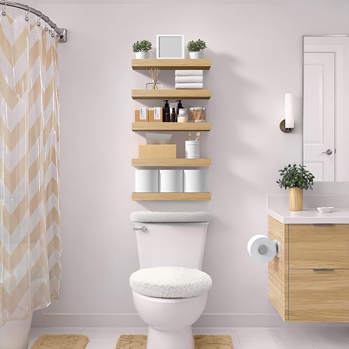 Sorbus Floating Shelves for Wall – 16 Inch Floating Shelf for Kitchen, Bedroom, Living Room, Bathroom, Home & Wall Decor - Mounted Bathroom Shelves with Invisible Brackets (Maple Wood, 3 Pack)