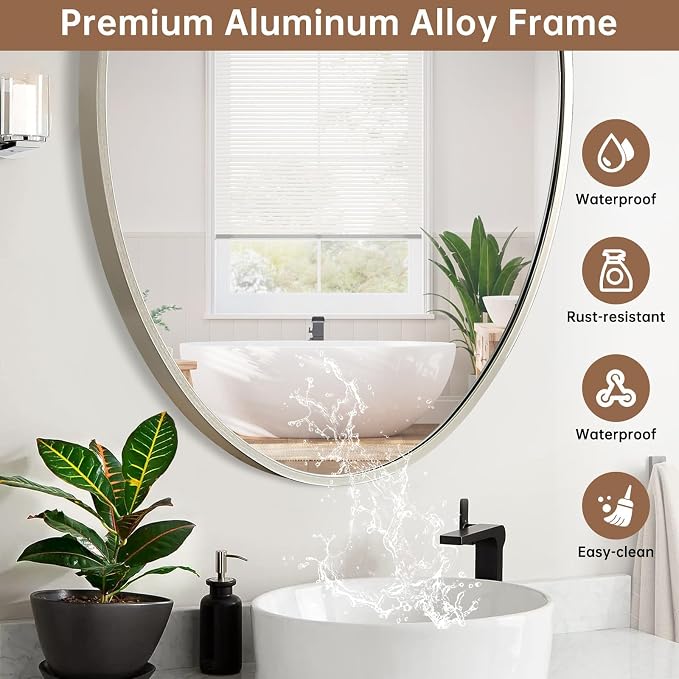 Oval Wall Mirror, 26"x38" Brushed Nickel Vanity Mirror, Bathroom Mirror of Metal Frame, Home Decorative Wall Mounted Mirror for Bathroom, Living Room, Entryway, Vanity