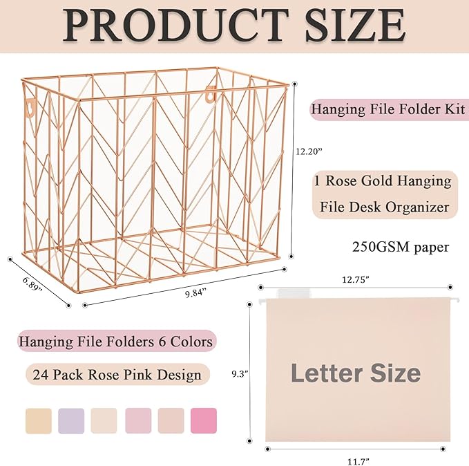 Beramon Hanging File Folder Kit Includes 1 Rose Gold Hanging File Desk Organizer and 24 Pack Hanging File Folders Letter Size with 1/5 Cut Tabs Design for School Office Home Supplies, Pink Design