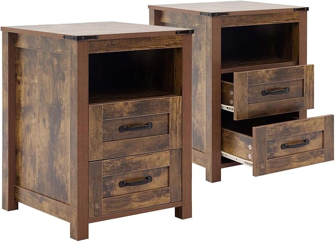 Farmhouse Night Stand Set of 2, Rustic Brown Nightstand for Bedroom, End Tables Without Charging Station, Bedside Table with Drawers, Wood Bedside Cabinet Dresser