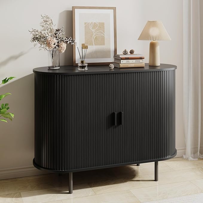 Buffet Sideboard Cabinet with Storage, 40" Fluted Cabinet with Sliding Door & Adjustable Shelf, Modern Accent Coffee Bar Console Table for Kitchen, Entryway, Black