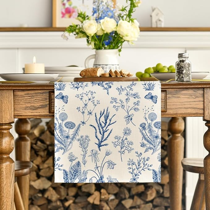 Artoid Mode Blue Wild Flowers Floral Spring Table Runner,Seasonal Summer Kitchen Dining Table Decoration for Home Party Decor 13x72 Inch